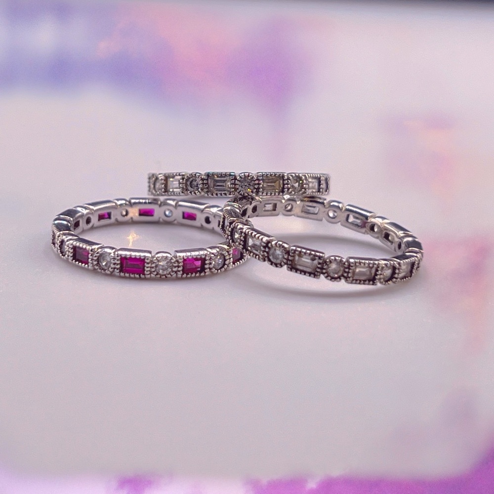 Baguette Dot CZ Diamond Band 925 CZ Ruby Stackable Rings